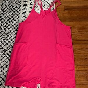 EKOUAER Hot Pink Sleeveless Casual Romper Shorts Jumpsuit Medium Pockets